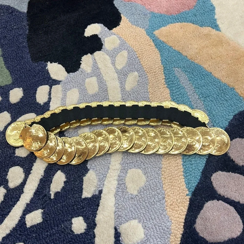 Vintage Gold Disc Belt Hammered Medallion Stretch Waist Belt Boho XL